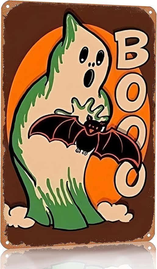 Vintage Decor Gift Halloween Ghost and Bat Boo Jack O Lantern Tin Sign for Home Bedroom Living Room Wall Decor 8 X 12 Inch (3132)