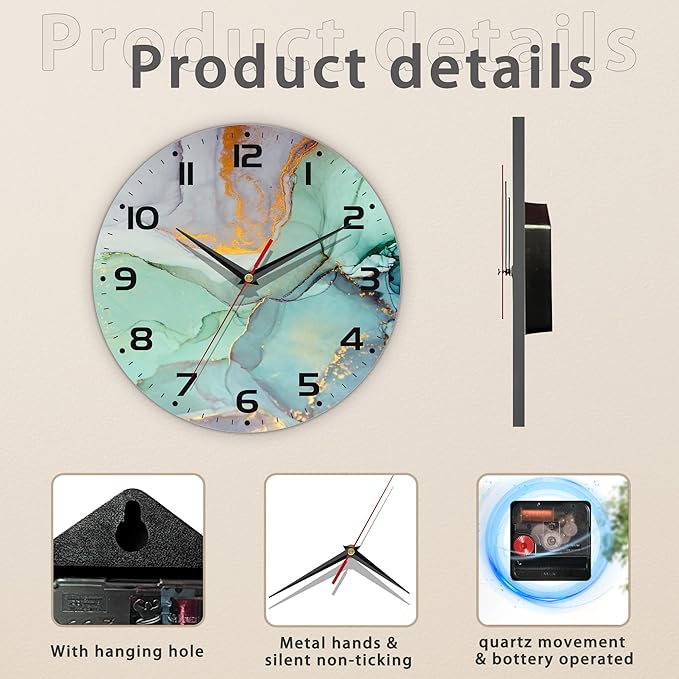 Watercolor Abstract Painting Marble Wall Clock Vintage Wooden Wall Clock Silent Non-Ticking Battery Operated Arabic Numerals Wall Clocks Decorative for Kitchen, Office, Classroom 10 Inch