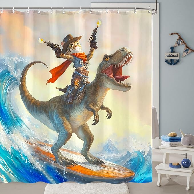 Yeoiat Cowboy Cat Shower Curtain Funny Shower Curtain Dinosaur Shower Curtains for Bathroom Fun Shower Curtain Set with 12 Hooks Dinosaur03 72×72 Inches