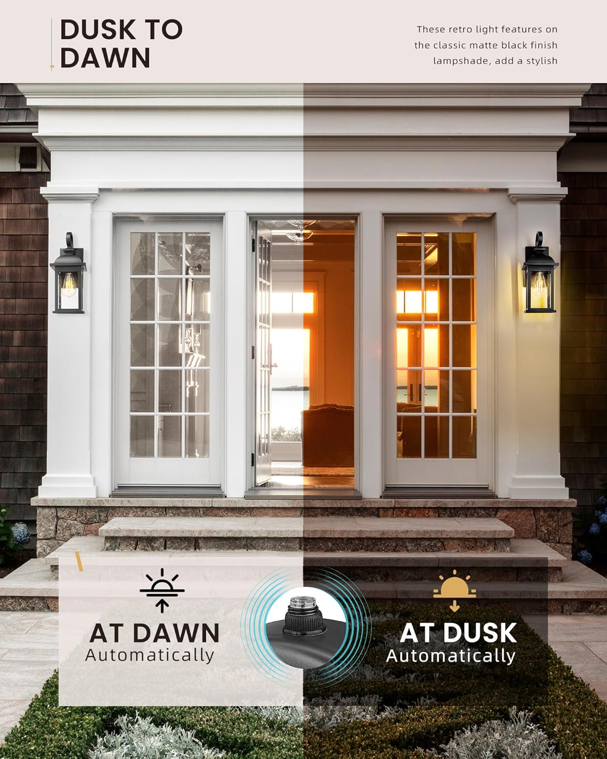 FEMILA Dusk to Dawn Outdoor Wall Sconce, 15" Matte Black Seeded Glass Outdoor Sconce Lights, Front Porch Light Fixtures Wall Mount, Garage Lights for Patio, Entryway, Garden, 4FD54B-PC BK