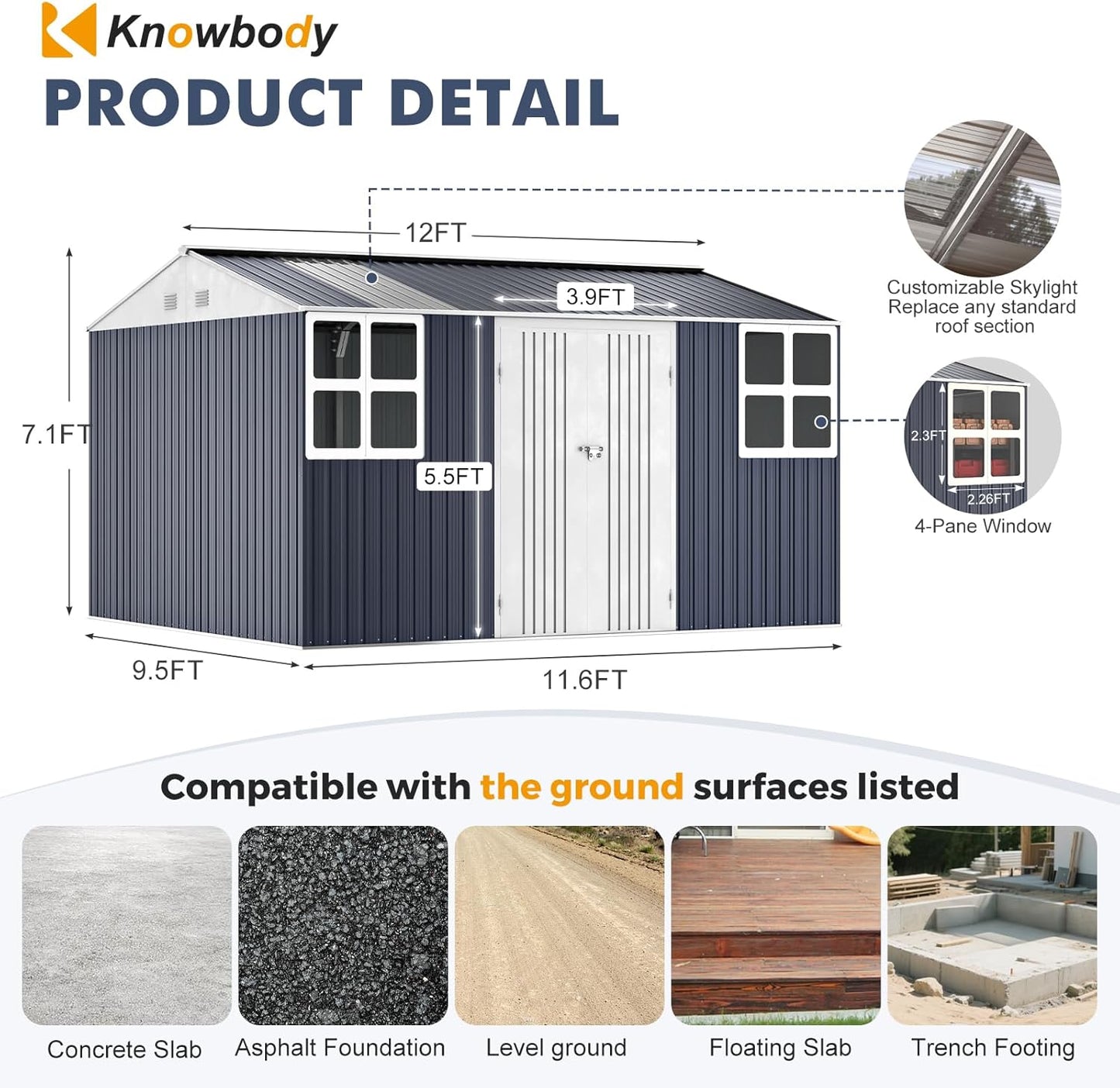 12x10 FT Metal Shed Heavy-Duty, Outdoor Storage Garden Sheds with Reinforced Steel Frame & Customizable Skylight, Weatherproof Galvanized Tool Tiny House for Backyard, Patio, and Lawn