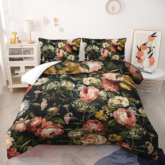 Black Floral Comforter Set Twin Colorful Floral Bedding Sets 3PCS for Kids Teen Adult Flowers Leaves Room Decor Ultra-Soft Lightweight Microfiber 1 Comforter with 2 Pillowcases