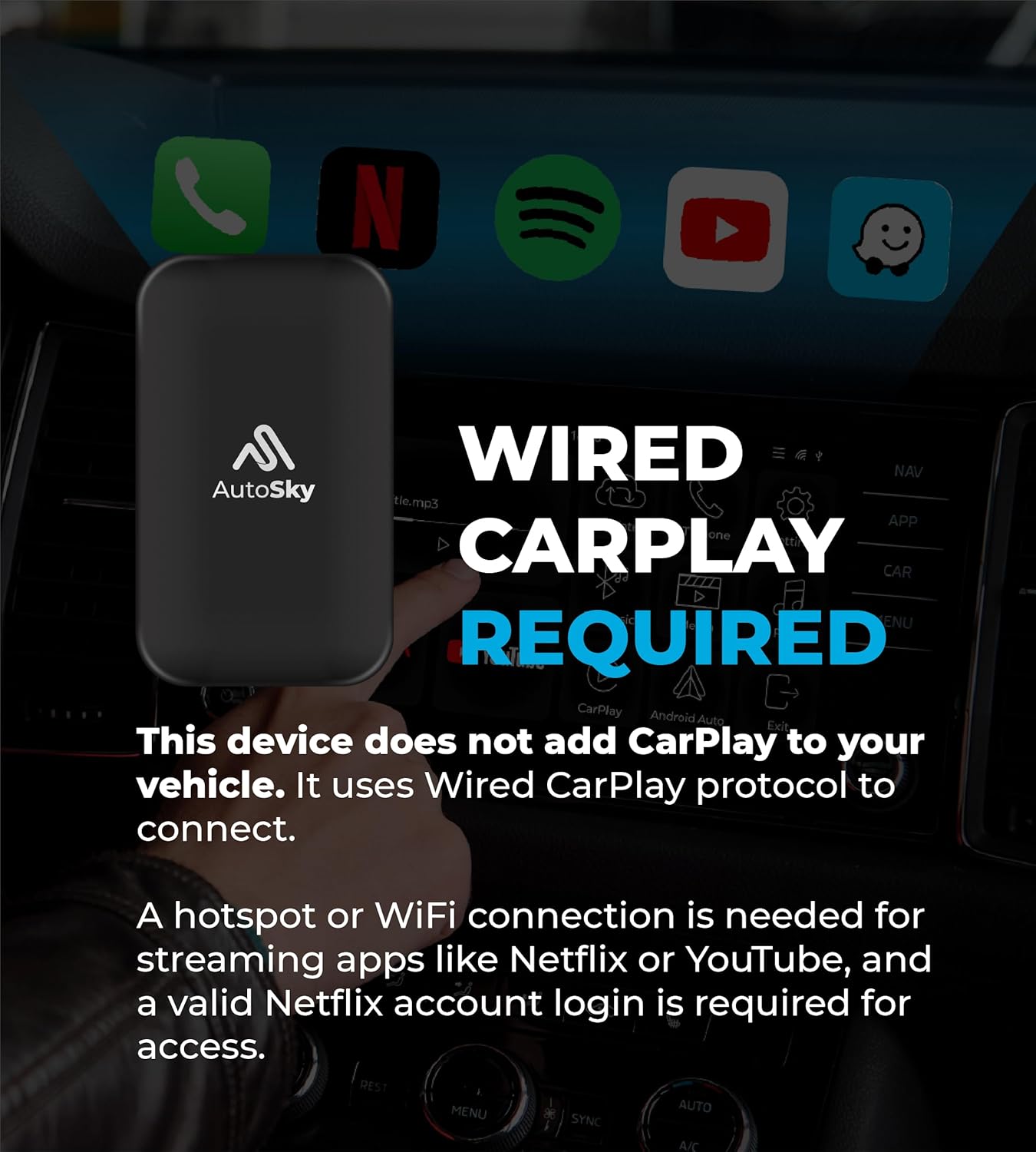 AutoSky Wireless CarPlay and Android Auto AI Box Lite for Factory Wired CarPlay Cars - Supports Netflix and YouTube Must use Hotspot - Go Wireless CarPlay and Android Auto. Wired CarPlay Required