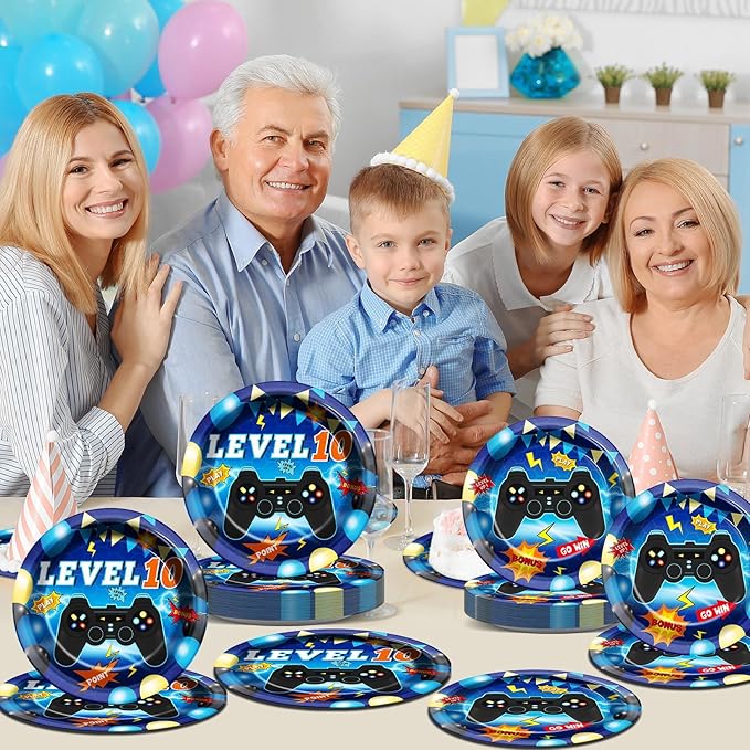 96Pcs 10th Birthday Video Game Party Supplies Blue 10th Plates and Napkins Tableware Set Level 10 Party Decorations for Boys Gamer Birthday 10 Year Old Party Favors for 24 Guests