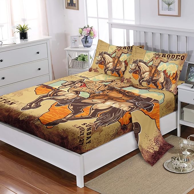 Western Cowboy Horse Pattern Bedding Twin Set - Show Bedspread with 1 Flat Sheet, 1 Fitted Sheet & 2 Pillowcases