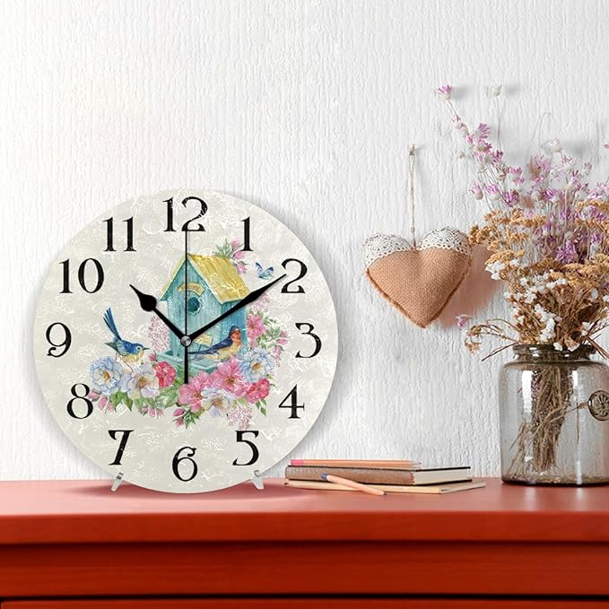 Butterfly Bird Wall Clock with Birds - Battery Operated 9.5 in Round Quartz Analog Clock for Bathroom, Kitchen, Garden