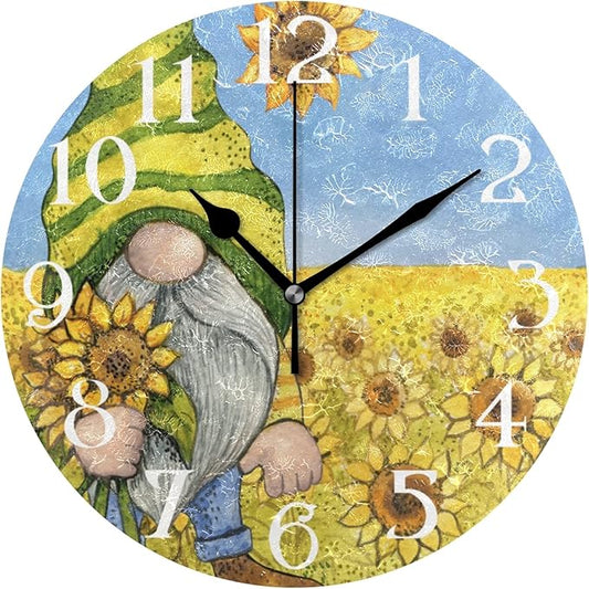 Sunflower Gnome Wall Clock 9.5 Inch Non Ticking Silent Kitchen Clocks Cute Yellow Flower Round Bathroom Clock Battery Operated Quartz Analog Decorative Desk Clock for Living Room