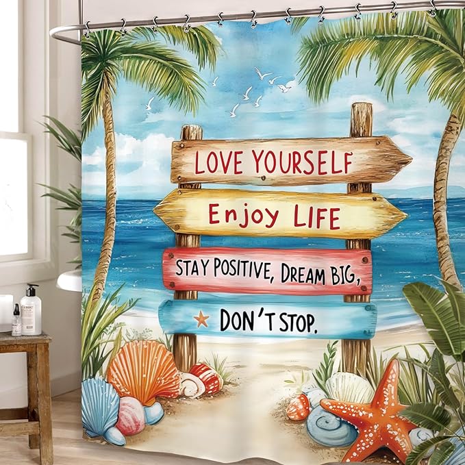 Yookeb Tropical Beach Palm Tree Bathroom Shower Curtain 60W by 71H Inch Coastal Nautical Ocean Quotes Motivational Summer Scenery Inspirational Polyester Fabric 12 Plastic Hooks Waterproof Decor