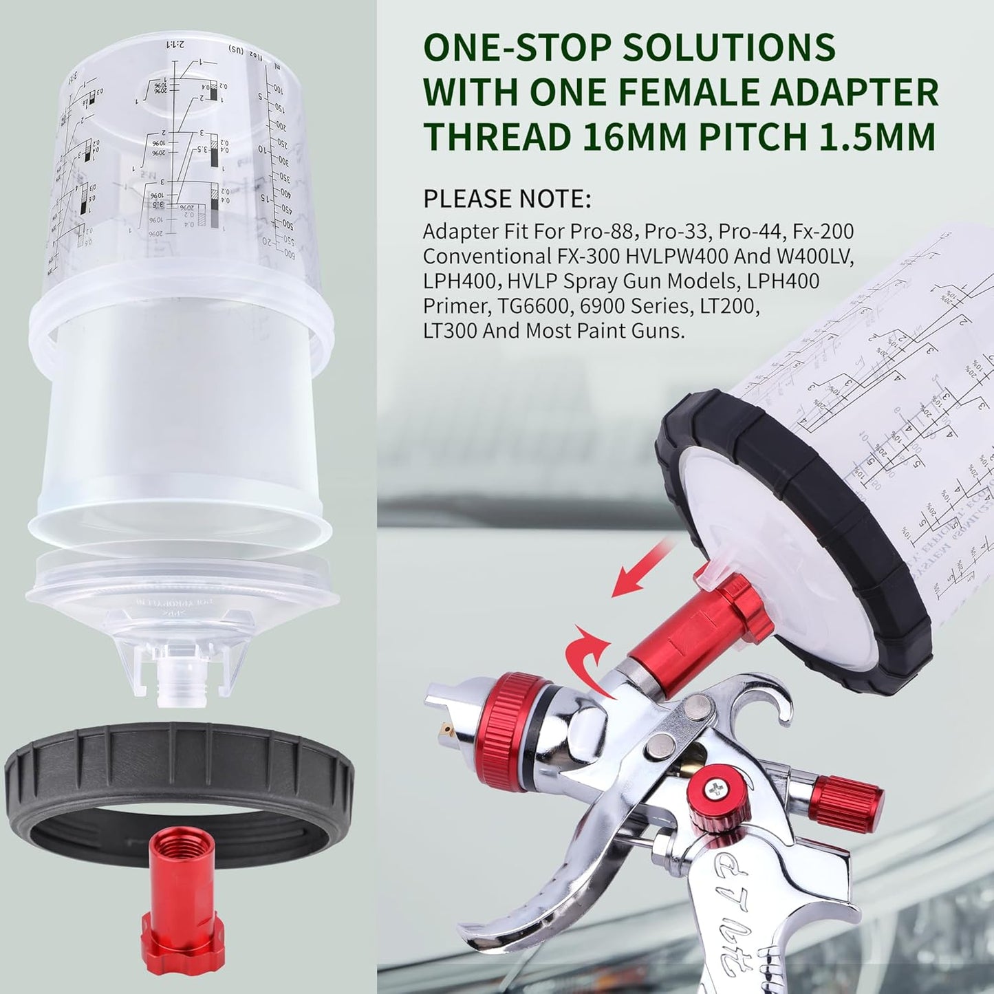 Disposable Paint Spray Gun Cups for Automotive Paint Gun, Paint Mixing Cups 20 Ounce-50 Pack Paint Cups with Lids,1 Hard Cup with Retainer Ring, 1 Cup Adapter, 20 Plugs with 1 Paint Stirrer