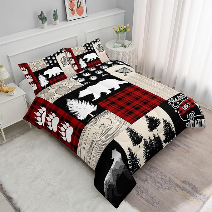 Wild Camp Kids Comforter Bedding Set for Boys Girls,Tree Bear Print and Wooden Pattern Collage Comforter with 2 Pillowcases(Wild Camp Full)