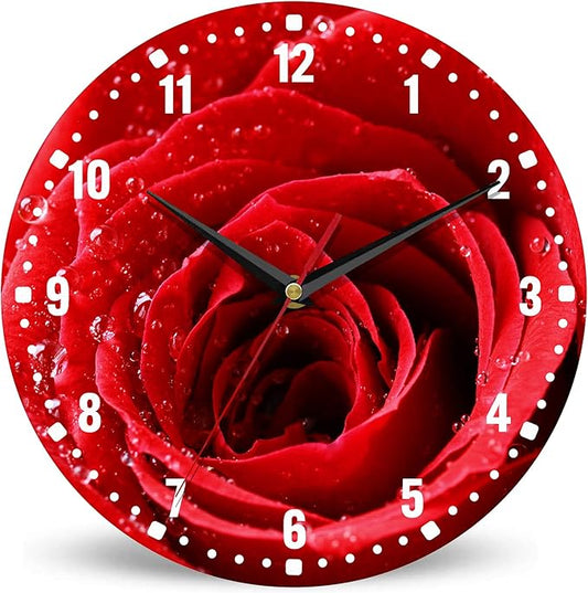 SPUNKER Wall Clocks,Red Rose Wall Clock Battery Operated 10 Inch,Flower Bloom Romance Round Clock Silent Non-Ticking Wall Decor for Farmhouse Office Home School Living Room Bedroom