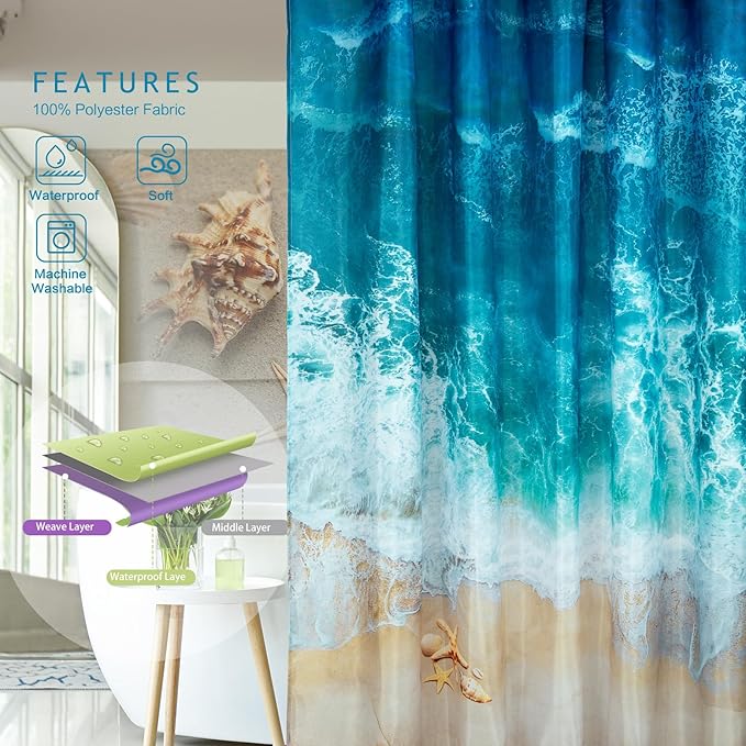 Vimorco Shower Curtain Ocean Beach, Blue Shower Curtains for Bathroom, Waterproof Quick-Dry Polyester Fabric Showers Curtain, Bathroom Curtains Set, Bath Decor, 72''x 72''