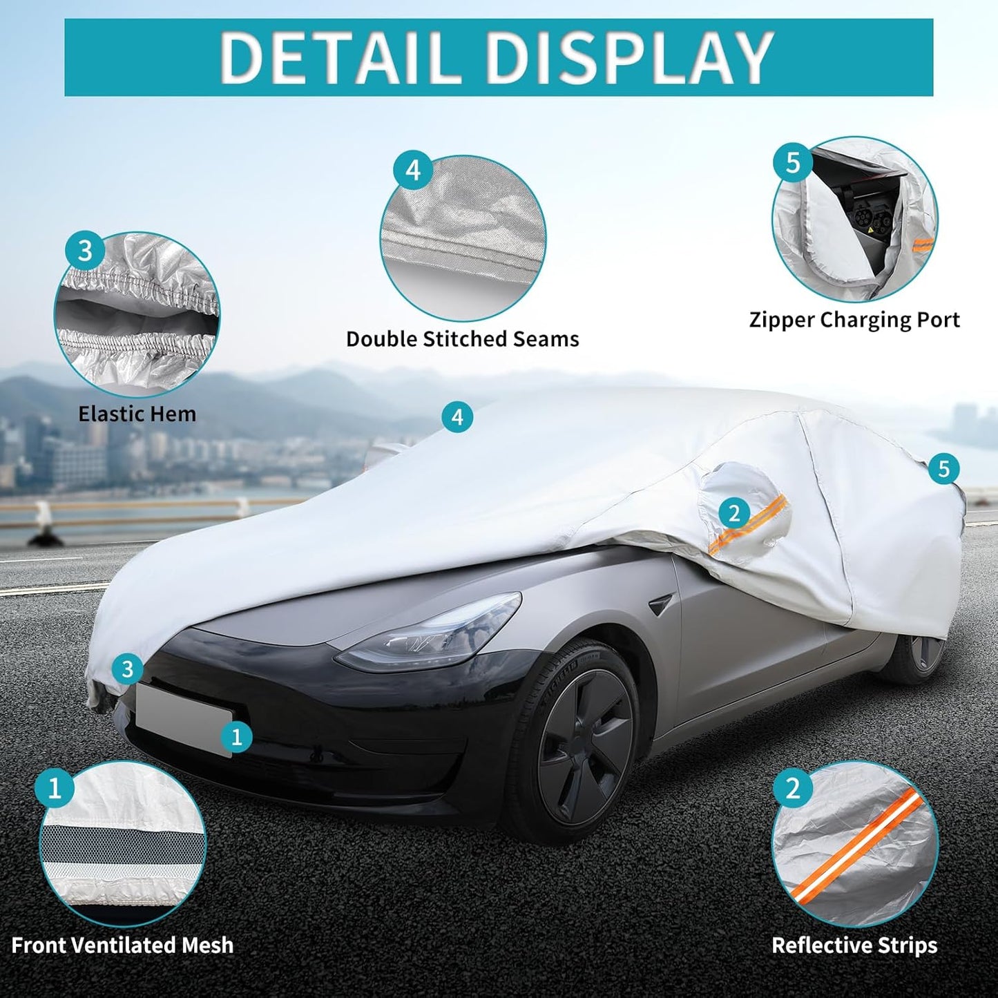 Car Cover for Tesla Model 3 2017-2025 Custom Fit Full Exterior Car Cover with Charging Port Door Zipper Ventilated Mesh Heavy Duty All Weather Waterproof Windproof Dust Snow Sun UV Protection