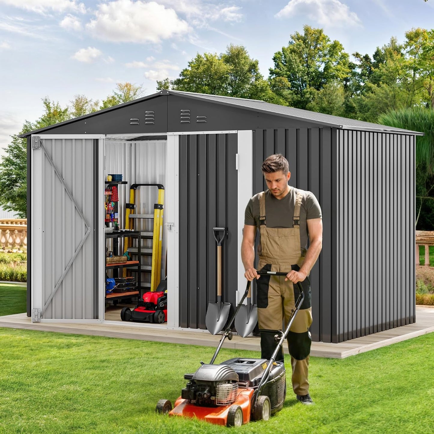 DWVO Storage Shed 9x6 FT for Bicycle Functional Metal Tool Shelter Garden Storage Unit with Airflow Windows, Secure Entry Lock, Water-Resistant Waste Enclosure for Outdoor Patio Garden (Dark Dray)