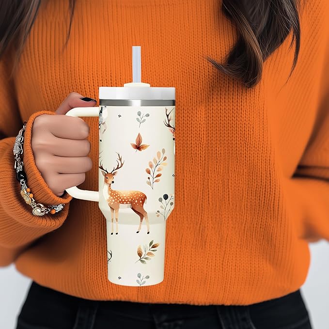 AMZUShome 40 OZ Deer Tumbler with Handle. Deer Lover Gifts. Unique Birthday Christmas Gifts. 40 OZ Insulated Stainless Steel Tumbler with Lid and Handle for Women Men