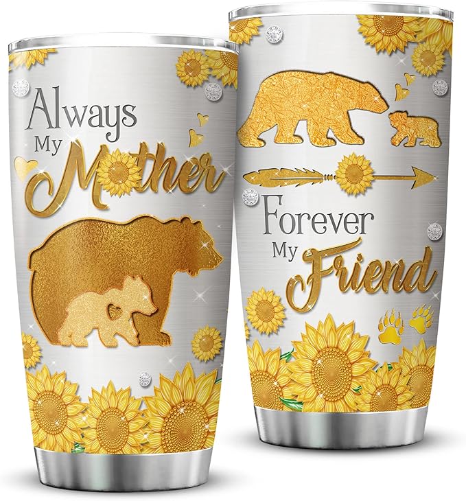 ZOXIX Sunflower Mama Bear Tumbler With Lid Jewelry Style Gift For Mom From Daughter Always My Mother Forever My Friend Stainless Steel Coffee Travel Cup 20oz Mommy Mothers Day Mug
