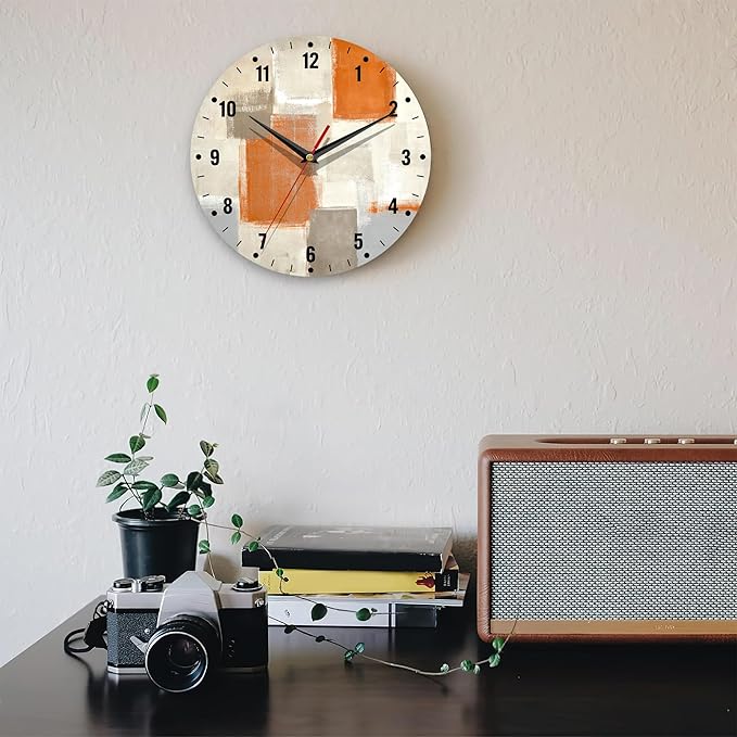 SPUNKER Clocks for Living Room,Orange Modern Art Wall Clock Battery Operated 10 Inch,Abstract Painting Round Clock Silent Non-Ticking Wall Decor for Farmhouse Office Home School Living Room Bedroom