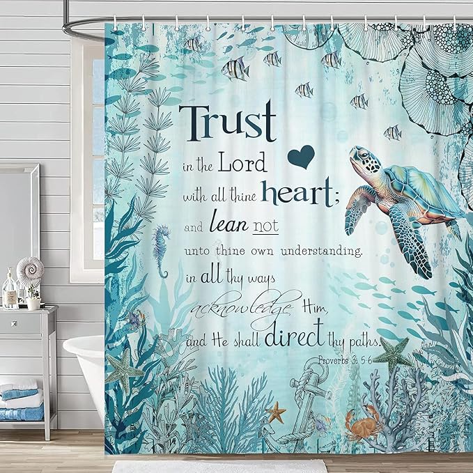 Beach Sea Turtle Bible Verse Shower Curtain, Cool Turtle on Blue Teal Coastal Nautical Theme for Bathroom, Underwater Animal Fish Seashell Jellyfish With Hooks, 60X70IN