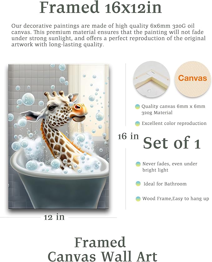 UPWOIGH Funny Bathroom Wall Art, Colorful Giraffe Wall Decor, Waterproof Wood Framed Canvas Wall Art Bathing Animals Abstract Prints, 30x40CM High-end Pictures for Bedroom Kids Room Dormitory 1 Pack