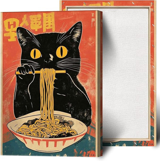 Vintage Cute Black Cat Eats Lamian Noodles Poster Prints Lamian Noodles Canvas Wall Art Cute Black Cat For Home Bedroom Kitchen Dorm Wall Decor 12x16in Wooden Frame