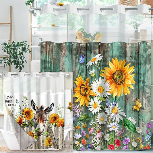 Vimorco No Hook Shower Curtain and Liner Set, 2 Interchangeable Patterns Shower Curtain with Snap (Sunflower Butterfly & Sunflower Donkey) Fabric Waterproof, 71x74 Inch, 2025 New