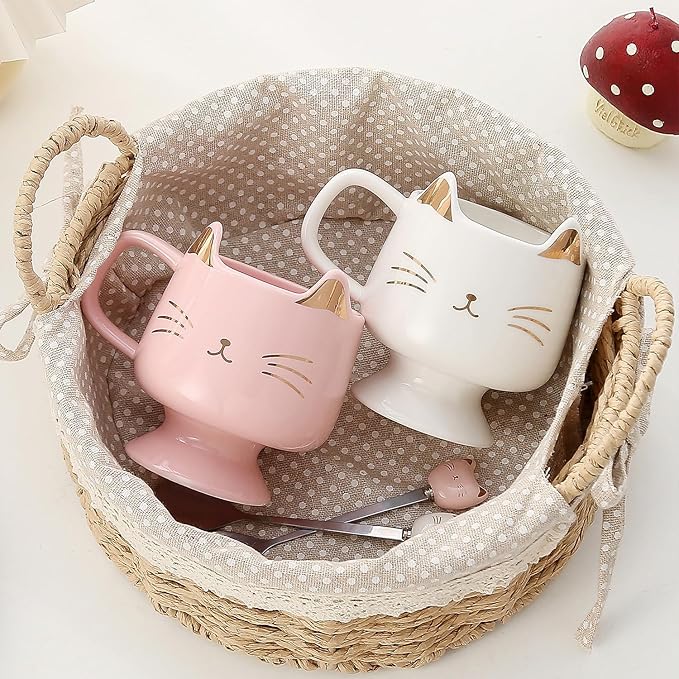 Yuwu Ceramic Coffee Mug, Cute Cat Tea Mug with Spoon, Funny Gifts for Women Girls for cat lovers (White)