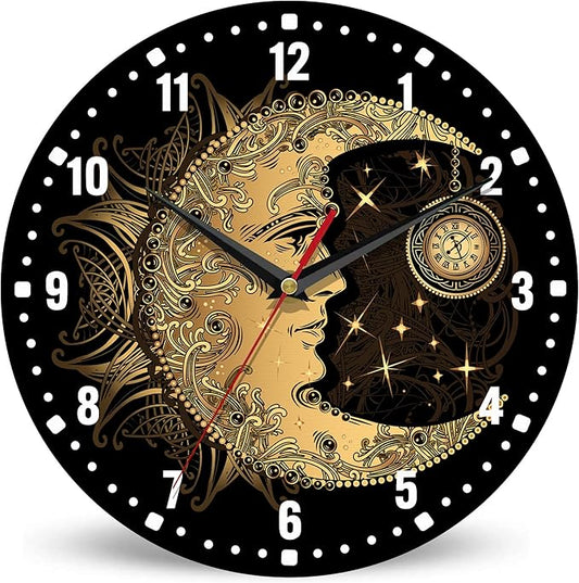 SPUNKER Clock for Bedroom,Boho Moon Sun Wall Clock Battery Operated 10 Inch,Golden Mandala Round Clock Silent Non-Ticking Wall Decor for Farmhouse Office Home School Living Room Bedroom
