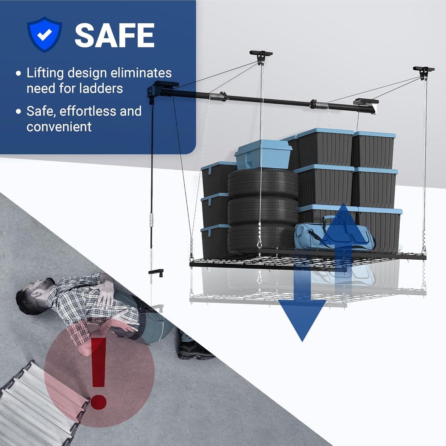 FLEXIMOUNTS Overhead Garage Storage Rack, 4x4 Ft Heavy-Duty Garage Ceiling Storage Racks, Adjustable Organization System with 71'' L Axle, 300lbs Weight Capacity, Carbon Black
