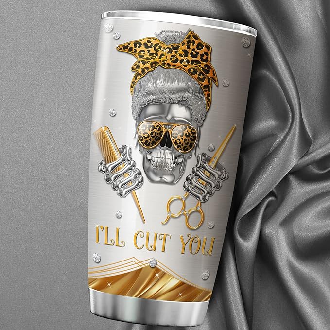ZOXIX Hairstylist Tumbler Cup Jewelry Style Bandana Skull Leopard Print Cup Stainless Steel Tumblers With 20oz Hairdresser Gifts For Women Funny Travel Mug Hairdressing Gift