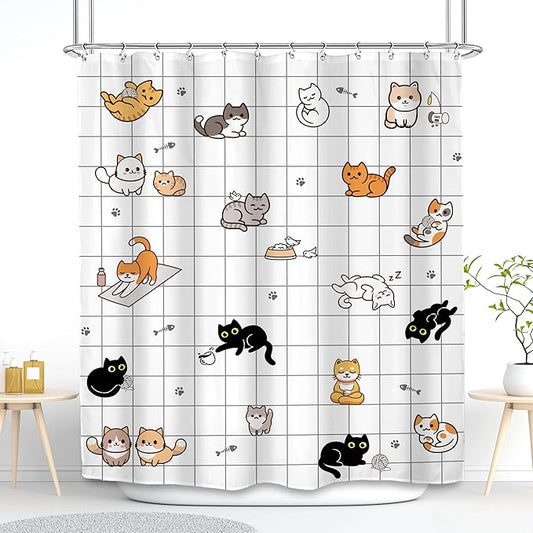 SVBright Cute Cat Shower Curtain 60Wx72L Inch Kids Cartoon Funny Kitty Animal Hilarious Lovely Pets Paw Print Boys Girls Newborn 12 Pack Hooks Polyester Waterproof Fabric Bathroom Bathtub Panels