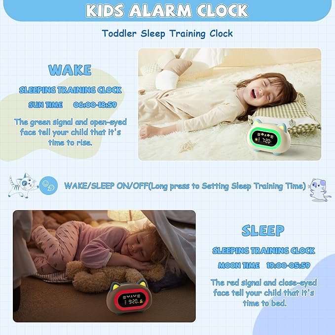 winshine Alarm Clock for Kids, Ok to Wake Clock, Toddler Sleep Training Clock with Eye Protection, 10 Night Lights, Dual Alarms, Child Lock, Snooze, Timer - Cute Cat Clock for Girls and Boys, Blue