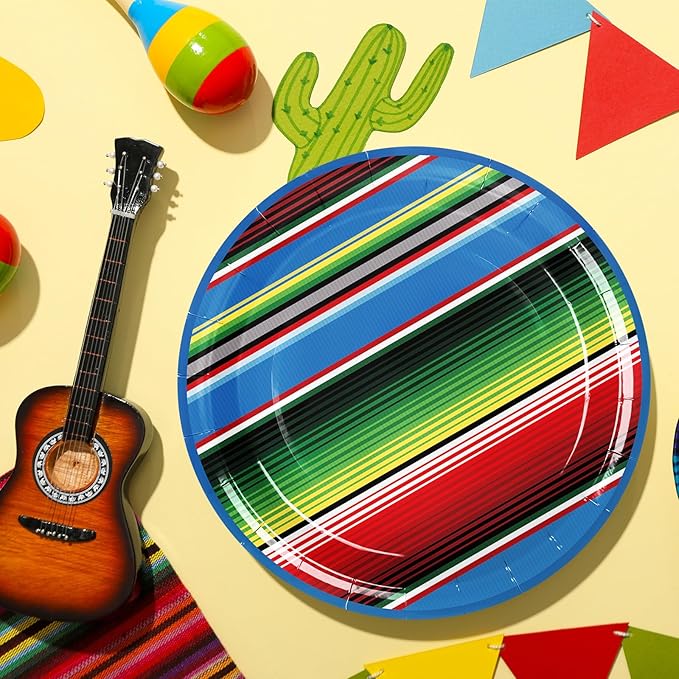 Whaline 40Pcs Mexican Fiesta Paper Plate Mexico Stripe Disposable Plate Cinco De Mayo Dinnerware Plates 9 Inch for Party Supplies Table Decor