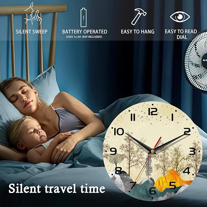 Wall Clock, 10 Inch Silent Non-Ticking Home Kitchen Decor, Battery Operated for Bathroom Bedroom Living Room Office(Golden Forest Mountain)