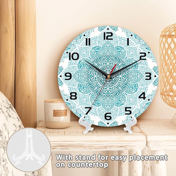 Teal Mandala Flower Wall Clock, Silent Non-Ticking, Battery Operated, Wooden Decorative Round Clock with Arabic Numerals, 10 Inch