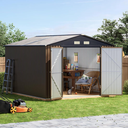 10x12 FT Outdoor Metal Storage Shed with Floor Frame, Double Swing Doors, 2 Clear Windows, Replaceable Skylight Roof Panel, Tool Shed for Garden, Patio, Backyard Brown