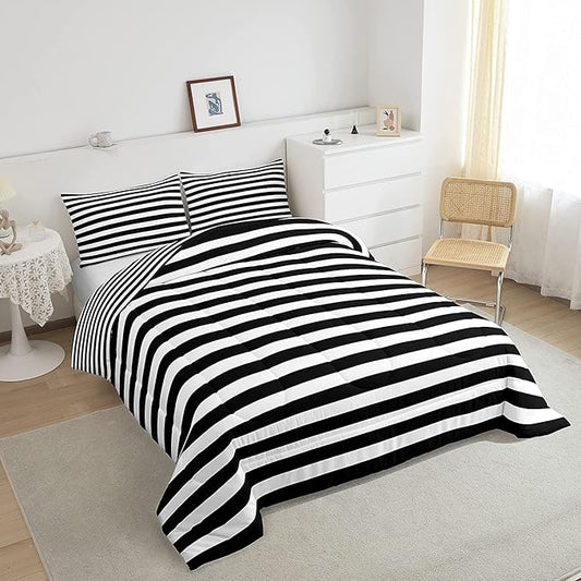 Striped Comforter Set Black and White Stripe Bedding Set King Kids Boys Girls Women Men Farmhouse Ticking Stripes Duvet Set Modern Geometric Lines Adults Abstract Gothic Home Decor Soft Reversible