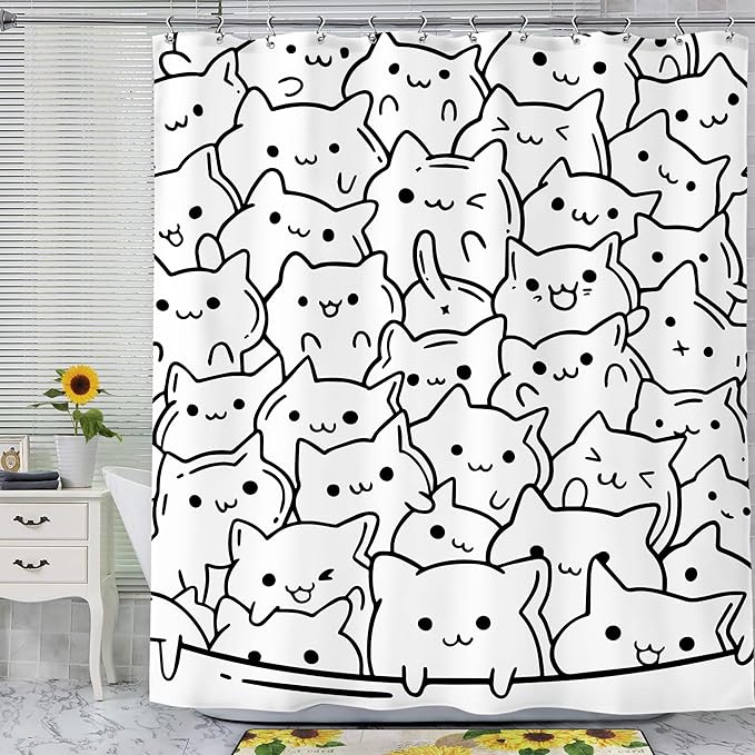SVBright Cat Shower Curtain 60Wx72L Inch Kids Funny Black White Animal Cute Silhouette Kitty Kitten Simple Line Humor Girls Boys 12 Pack Hooks Polyester Waterproof Fabric Bathroom Bathtub Panels