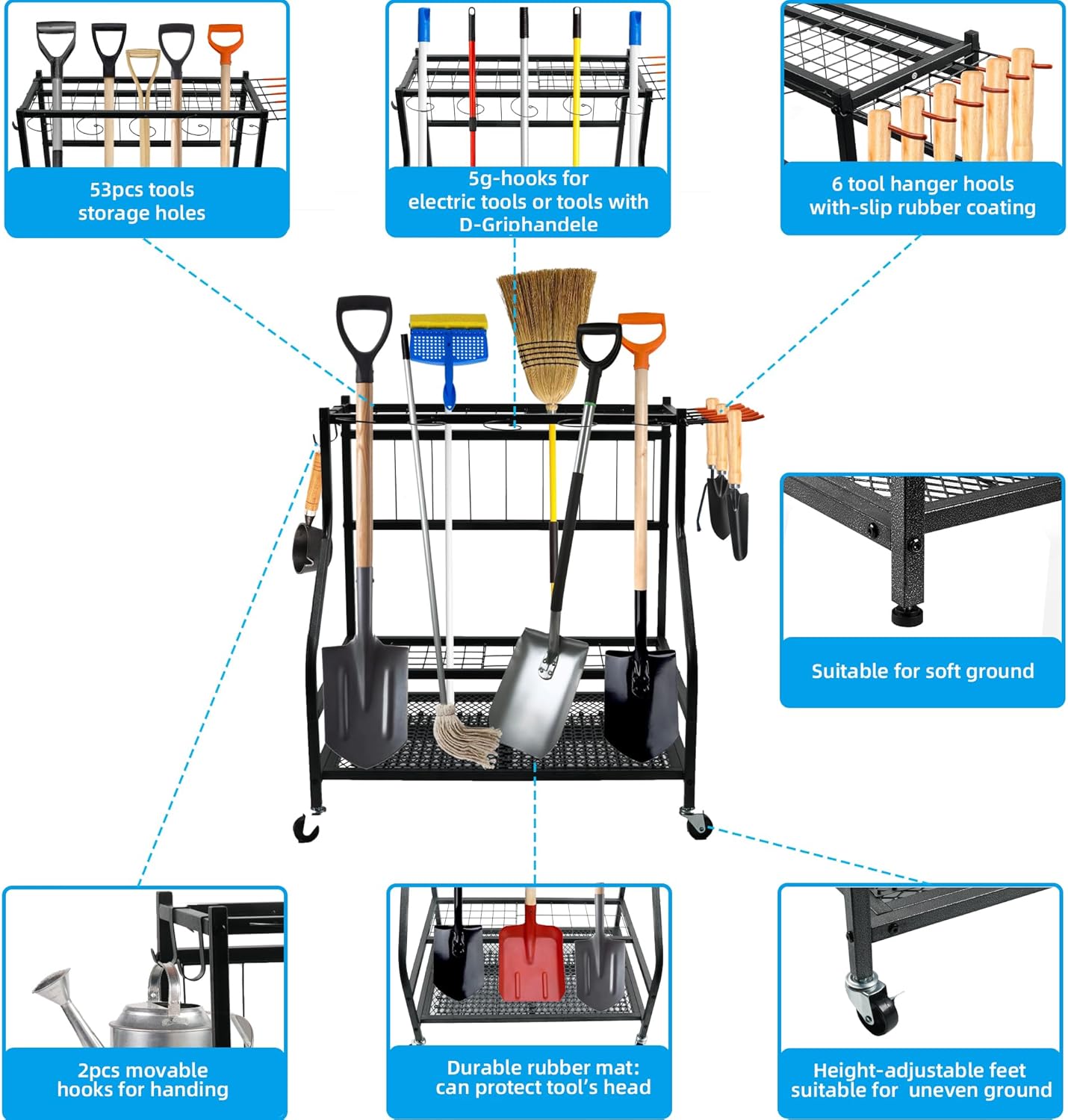 Garden Tool Organizer for Garage,Tool Organizers and Storage，Garden Tool Rack,Yard Tool Storage,Garden Tool Stand,Up to 58 Long-Handled Tools,4 multi-direction wheels lockable (28.4 inch)