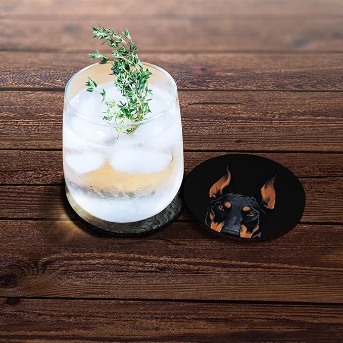 WIRESTER, Black Rust Doberman Pinscher Dog, Black Toy Poodle Design Absorbent ROUND Fabric Felt Neoprene Car Coasters for Drinks (2.87 inches), 2pcs Set