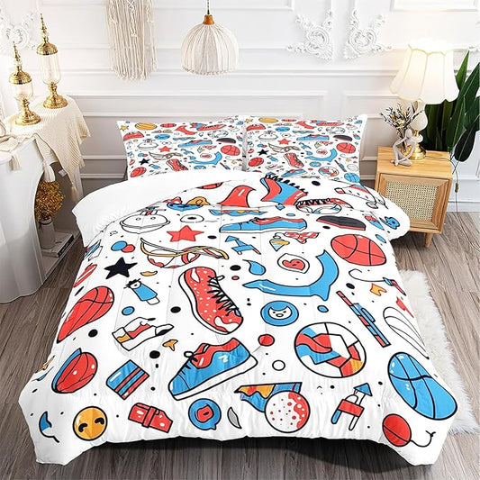 Sports Adventure Comforter Set Full Size Cartoon Basketball Baseball and Football Designs Bedding Set for Teens Kids Boys Girls Room Decor 1 Comforter and 2 Pillow Cases