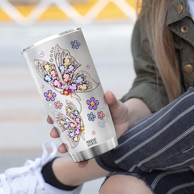 ZOXIX To My Daughter Tumbler From Mom Butterfly Jewelry Style Stainless Steel Coffee Cup 20oz Sentimental Gifts For Daughter From Mother Birthday Present For Her Insulated Mugs