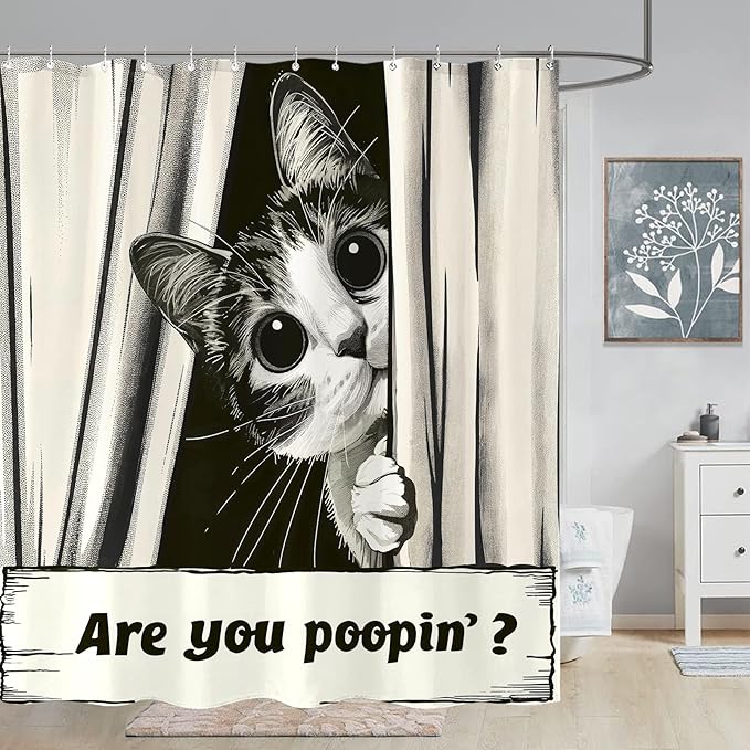 Yeoiat Funny Cat Shower Curtain, are You Poopin' Curious Kitty Whimsical Joke Humor Themed, Shower Curtain Set with 12 Hooks for Bathroom Decor (Black, 72"x72")