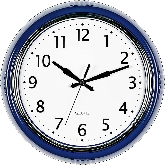 Bernhard Products Retro Wall Clock 12 Inch Navy Blue Kitchen 50's Vintage Design Round Silent Non-Ticking Quartz Battery Operated Clocks for Home Office School Classroom Kids Bedroom Living Room