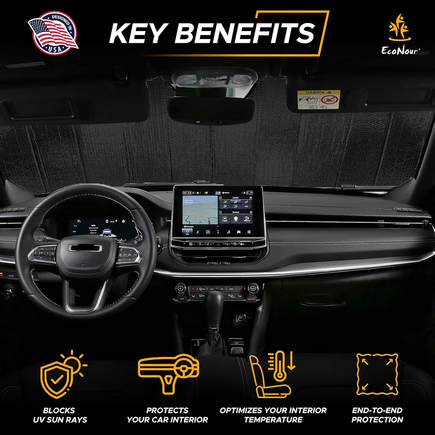 EcoNour Accordion Sun Shade Windshield for Trucks | Automotive Windshield Sun Shade to Keep Your Rig Safe | Fits for Semi Truck Windshields, Commercial & Big Rig Truck | XXL (80 x 30 inches)