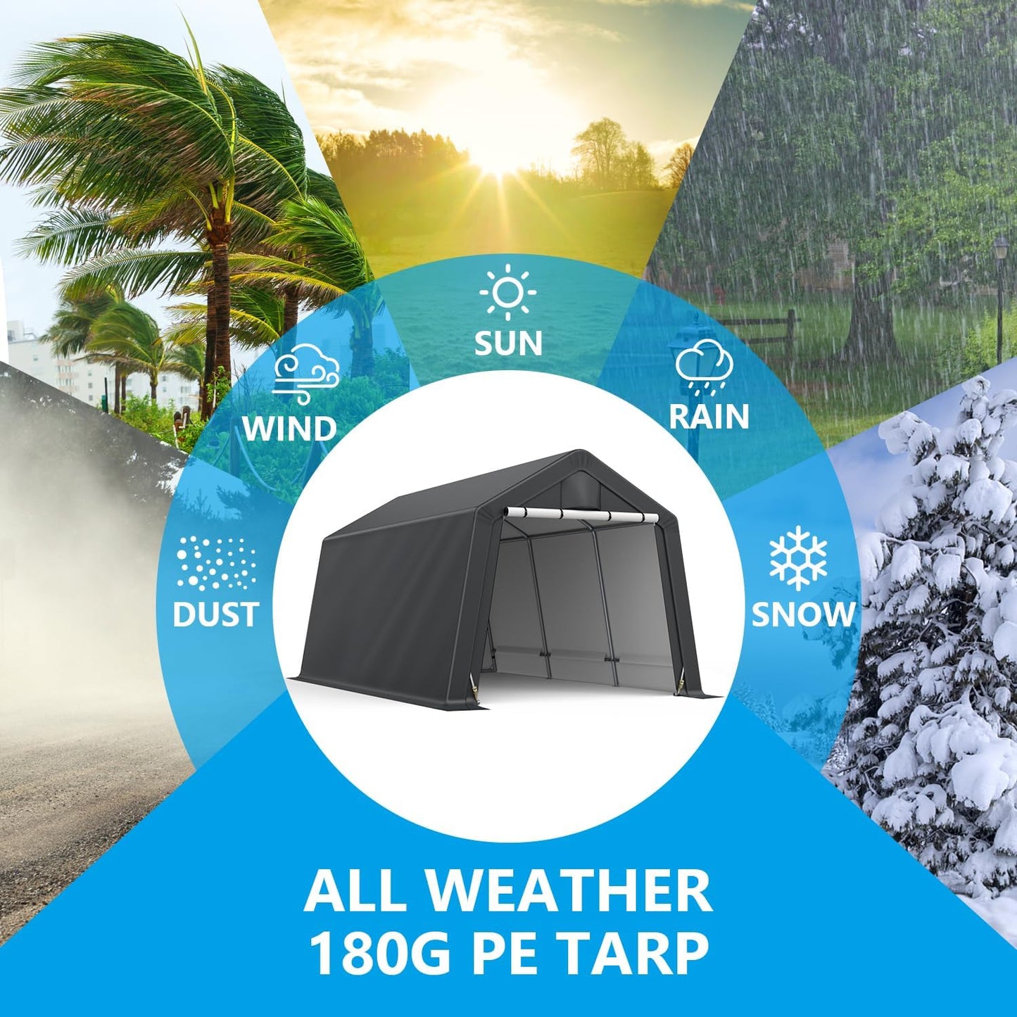 10x15FT Outdoor Storage Shelter Carport,Thickened Double-layer Heavy Duty Storage Shed Carport with Roll-up Zipper for Bike, Motorcycle, Garden Storage, Dual-color PE Waterproof and UV Resistant, Gray