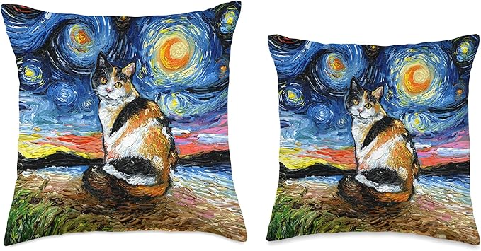Calico Cat Starry Night Kitty and Moon Art by Aja Throw Pillow