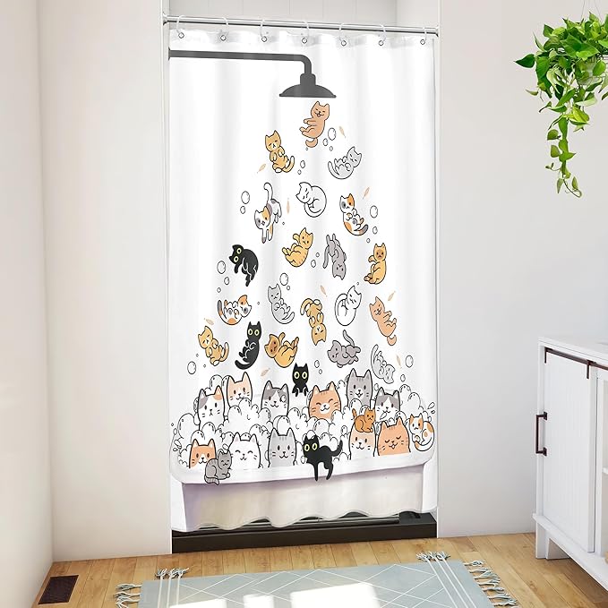 SVBright Small Stall Cute Cat Shower Curtain 36Wx72L Inch for Kids Rv Half Single Narrow Cute Cartoon Animal Funny Raining Animal 7 Pack Hooks Polyester Waterproof Fabric Bathroom Bathtub Panels