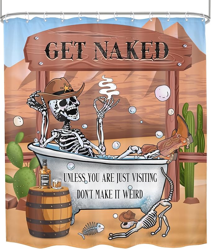 Western Cowboy Skull Skeleton Shower Curtain 60Wx72H Funny Cool Texas Gothic Spooky Unique Mexican Bone in Bathtub Bathroom Decor Retro Desert Cactus Bath Curtain Fabric Polyester 12 Pack Hooks