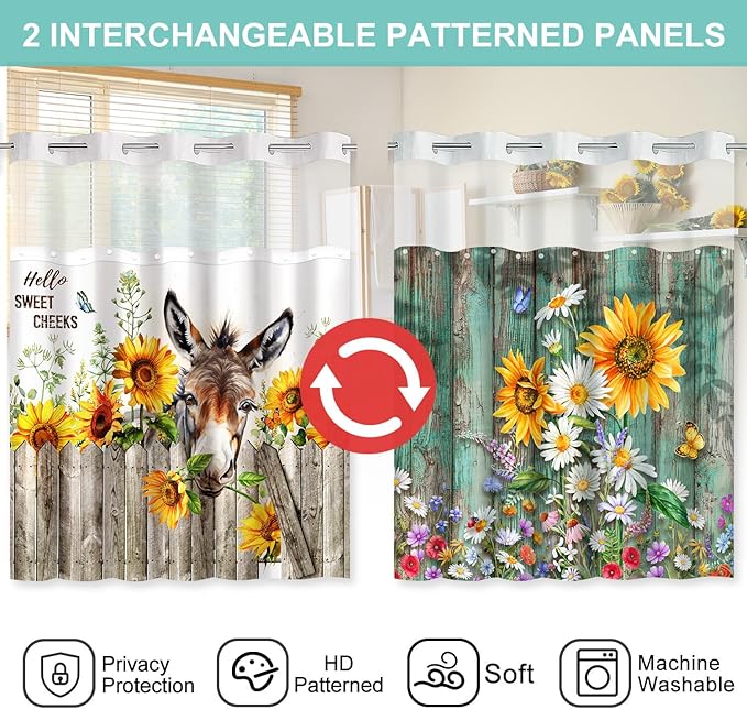 Vimorco No Hook Shower Curtain and Liner Set, 2 Interchangeable Patterns Shower Curtain with Snap (Sunflower Butterfly & Sunflower Donkey) Fabric Waterproof, 71x74 Inch, 2025 New