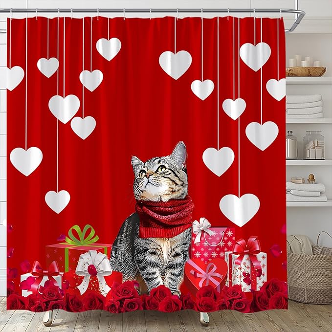 Valentine's Day Shower Curtain Cute Cat Romantic Red Heart Rose Love Couple Woman Girl Creative Bathroom Curtains Decor Fabric Set Include Hooks,(70" WX70 H)